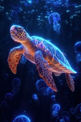 Sea turtle and jelly fishes underneath the ocean surface in the dark waters. Generative Ai