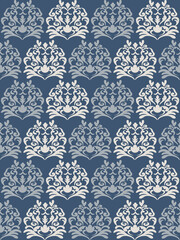 Elegant blue and white damask seamless pattern featuring intricate floral motifs. Ideal for classic wallpaper, fabric design, vintage stationery, and luxury product packaging.