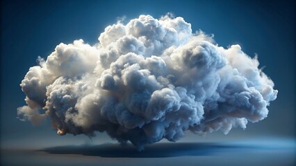 Naklejka premium Fluffy Cumulus Cloud: A large, fluffy cumulus cloud floats against a deep blue sky, illuminated by a soft light source, creating a dramatic and ethereal atmosphere.