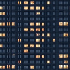 seamless texture highrise building facade at night, illuminated window pattern, regular structure architecture tile