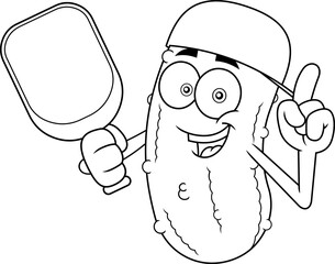 Funny Pickleball Cartoon Mascot Character With Cap And Paddle Pointing Up