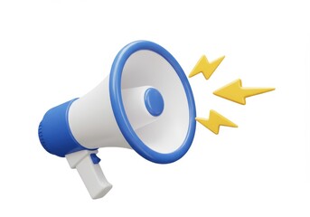 3D Illustration of Blue and white megaphone with yellow sound waves isolated on white background, a 3D rendering for communication and announcements