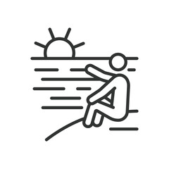 Enjoying sunset, icon in line design. Enjoying sunset, sunset view, watching sunset, sunset moment, beach sunset on white background vector. For the theme: enjoying sunset editable stroke icon