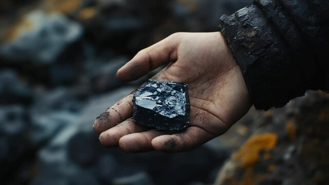 Hand holding a raw black mineral specimen glistening in the light under natural conditions