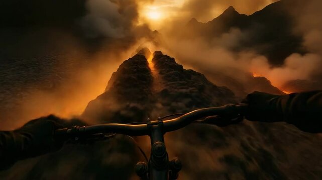 Head on view of a mountain bike racing down a volcanic trail terrain