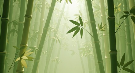 Lush green bamboo forest background with towering trees and delicate leaves, embodying a serene natural zen