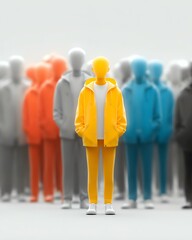 shopper consumer persona audience target A vibrant yellow mannequin stands out amidst a crowd of monochromatic figures, symbolizing individuality and self-expression in modern fashion.