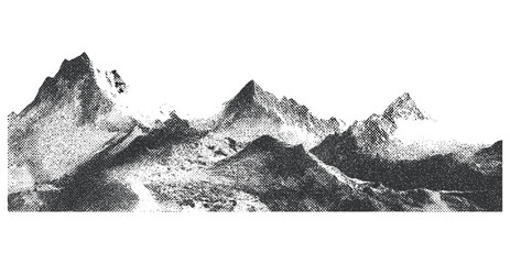 Vintage-style snowy hills, abstract dotted mountain range, pointillist grunge texture overlay, retro halftone, mounted landscape, vector illustration, retro art, scenic winter illustration.