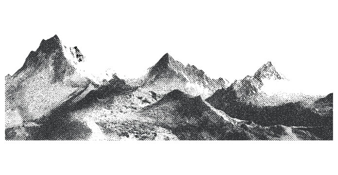 Vintage-style snowy hills, abstract dotted mountain range, pointillist grunge texture overlay, retro halftone, mounted landscape, vector illustration, retro art, scenic winter illustration.