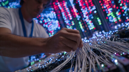 IT specialist connects fiber optic cables in a dimly lit server room, rows of LED-lit servers glowing red, blue, and green, creating a futuristic digital ambiance