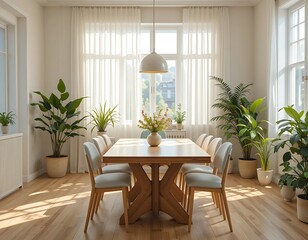 Light and airy room with a polished oak dining table, pastel-colored chairs, scattered indoor plants, and white curtains gently glowing in the sunlight.