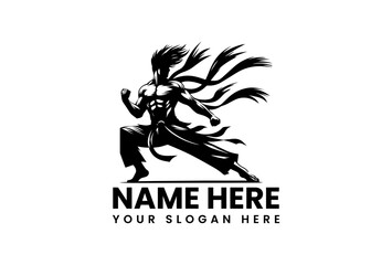 Powerful kung fu vector stencil design showing martial artist in dynamic aerial kick