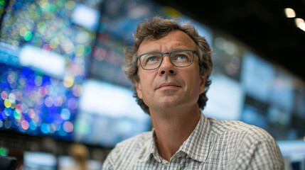 Engineer in glasses checks thermal sensor readouts on wall-mounted screens while walking through high-density server infrastructure