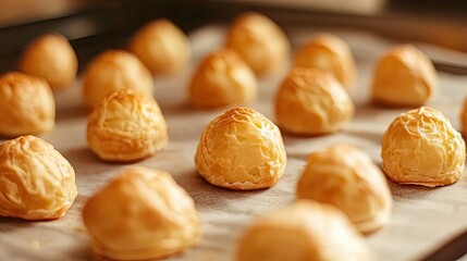 Fototapeta premium Rows of uniform choux pastry puffs before baking