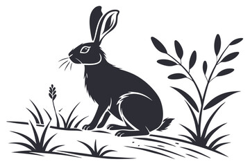 Monochrome silhouette of a rabbit sitting among grass and leaves illustration