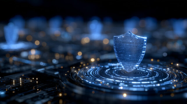 Information security specialist runs a full backup protocol on cloud servers, protective firewalls visualized as holographic blue shields around system nodes