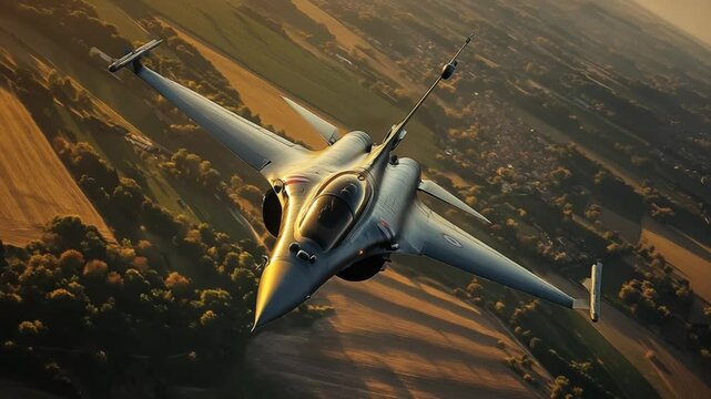 Dynamic aerial shot of a fighter jet soaring above the scenic landscape terrain