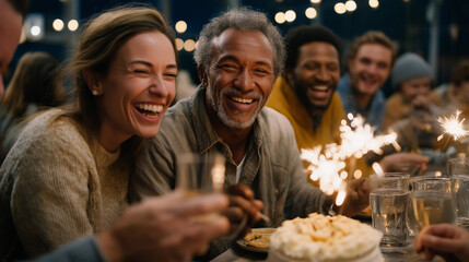 Groups of friends gather around a table in the evening, sharing laughter and delight while enjoying cake and sparkling drinks as they celebrate a special occasion
