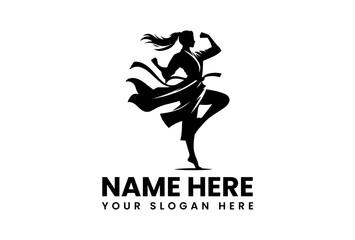 Martial arts stencil vector logo of kung fu fighter performing energetic mid-air kick