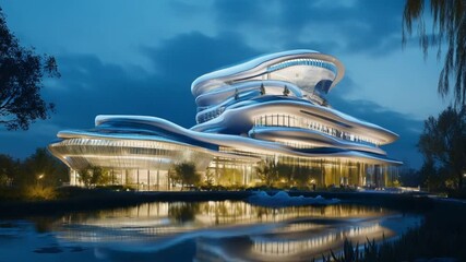 Futuristic architectural marvel: Stunning contemporary building reflected in tranquil waters