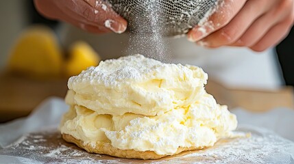 Sifting icing sugar over piped choux pastry before baking