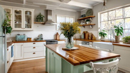 Interior of a modern kitchen with a dining table, chairs, white countertops and a lamp. Concept of buying a new home, an apartment or a house, housewarming and renovation