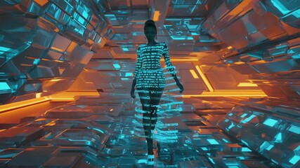 A cyberpunk fashion model walks rain soaked alley futuristic street. nano LEDs, glowing dragon Neon ambient sounds Flying drones high contrast lighting, neon glow, cinematic shallow depth of field - Powered by Adobe