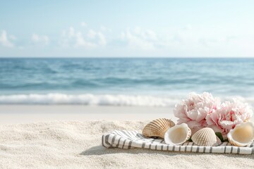 Summer Beach Still Life with Pink Peonies and Seashells beach seashells peonies summer pink sand sea