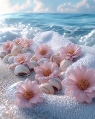 Summer Beach Still Life: Pink Flowers, Seashells, and Ocean Waves beach ocean summer waves seashells