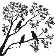Three parrots silhouette perched on tree branches with leaves