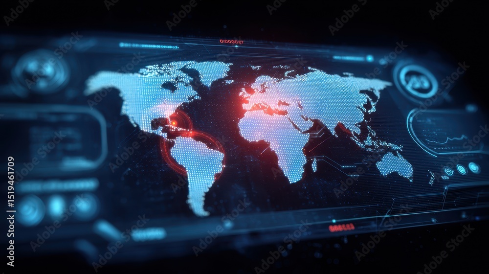 Poster digital world map with data visualizations and a futuristic interface design.