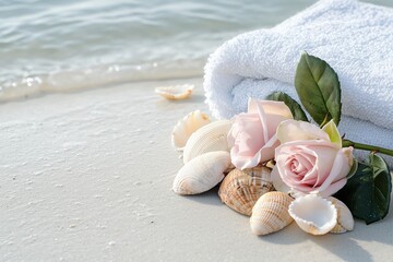 Beach Relaxation with Pink Roses and Seashells beach relaxation pink rose seashell towel ocean sand
