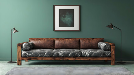 Elegant living room with textured couch against serene green backdrop