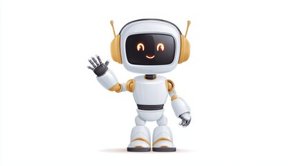 Friendly cartoon robot waving with a cheerful expression and headphones.