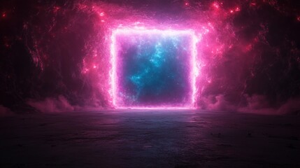 Mystical portal illuminated with neon light in dark foggy environment