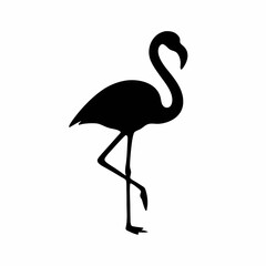 A black silhouette of a flamingo standing on one leg, showcasing its elegant and curved neck and long legs against a white background.