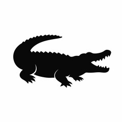 A fierce black silhouette of a crocodile with its mouth open, showcasing its sharp teeth, set against a stark white background.