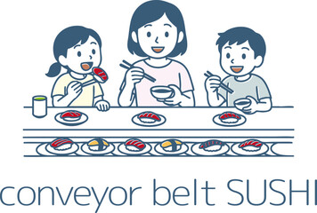 家族で回転寿司を食べに来たよ
A family eating conveyor belt sushi
