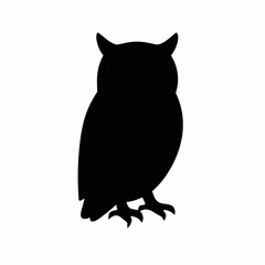 Silhouette of an owl, a nocturnal bird of prey, perched with its wings folded, showcasing its characteristic features: large eyes, hooked beak, and sharp talons.