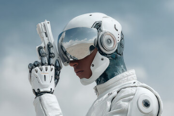 Futuristic Enforcer: A cybernetic enforcer in advanced armor aims a sleek firearm, reflecting a stark desert landscape in his visor, embodying a fusion of technology and authority.