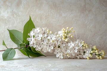 Delicate White Lilac Branch with Green Leaves on Textured Background delicate white lilac bloom tree