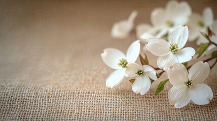 Delicate White Dogwood Flowers on Rustic Burlap Background with Copy Space dogwood white delicate ai