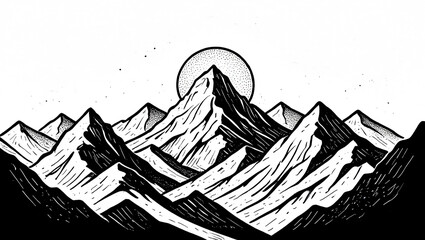 Vintage vector illustration of Mountain and sun, hand-drawn sketch art design