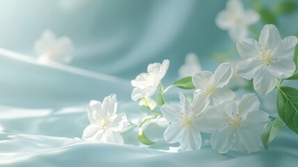White Flowers with Green Leaves on Soft Light Blue Fabric Background white flowers floral spring spa