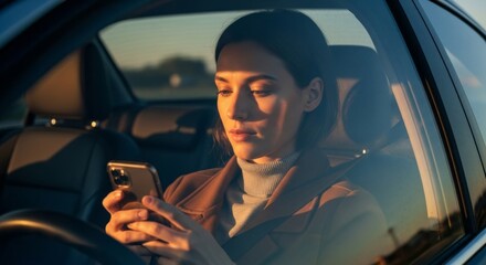 Naklejka premium Woman in car using smartphone, illuminated by golden sunset light