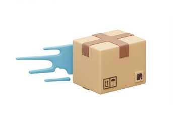 Fototapeta premium 3D Illustration of Brown cardboard box with blue speed lines indicating fast delivery isolated on white background