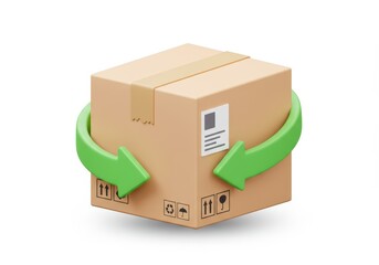 3D Illustration of Cardboard box with green recycling arrow around it isolated on white background representing sustainable shipping