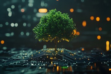 A tree growing on top of an electronic circuit board, with green glowing leaves and roots forming the shape of intricate designs. 
