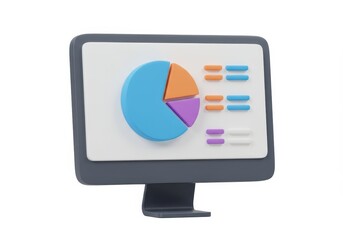 3D Illustration of Computer monitor displaying a colorful pie chart and data bars isolated on white background in a 3d render