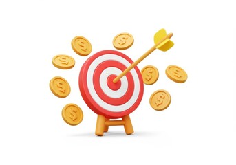 3D Illustration of 3d render of a target with an arrow hitting the center surrounded by dollar coins isolated on white background